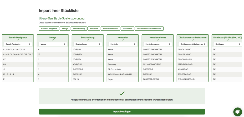 Import inher Stückliste