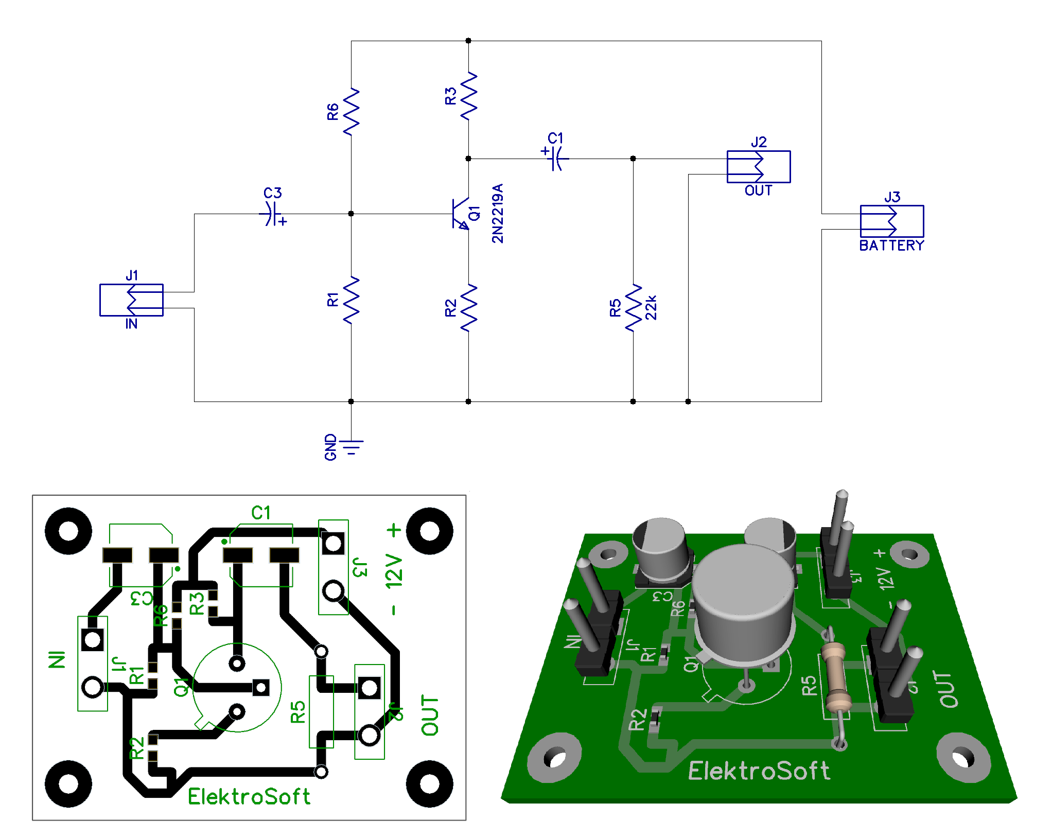 Schema elettrico di un amplificatore a transistor e il suo assemblaggio.