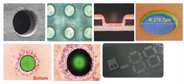 Beispiele für Löcher und Microvias, die mit dem Lasersystem erzeugt wurden (Quelle: Hitachi High-Tech)